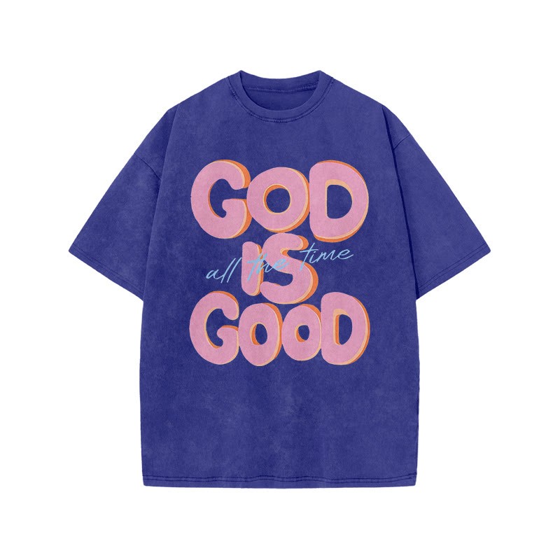 Unisex God Is Good Print Acid Washed T-shirt - Blue - US20-22(3XL) - image 7