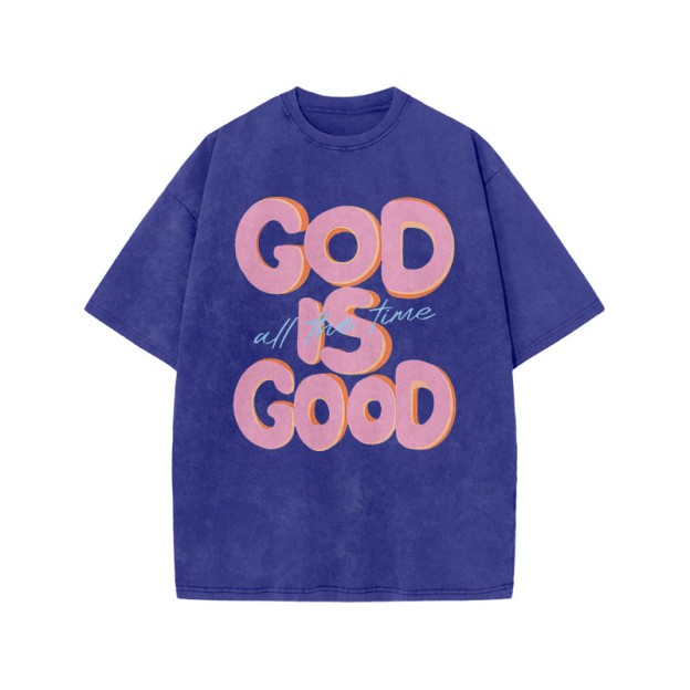 Unisex God Is Good Print Acid Washed T-shirt - Blue - US20-22(3XL) - image 7