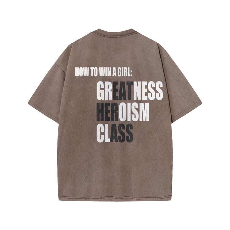 100% Cotton Greatness Heroism Classic Gym  Print Acid Washed T-shirt - Coffee - US20-22(3XL) - image 5