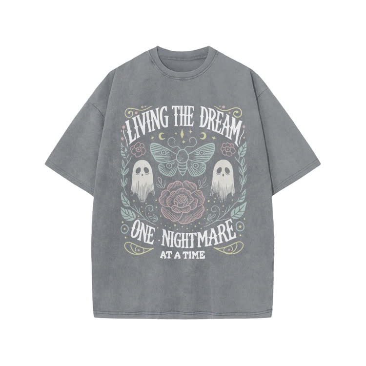 Living The Dream Gothic Ghost Print Acid Washed T-Shirt - Grey - US20-22(3XL) - image 4