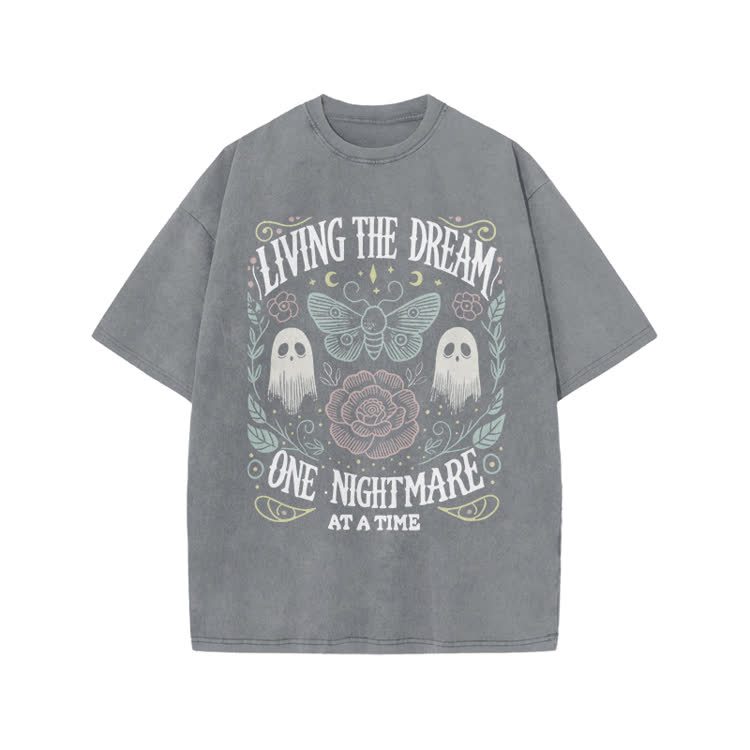 Living The Dream Gothic Ghost Print Acid Washed T-Shirt - Grey - US20-22(3XL) - image 4