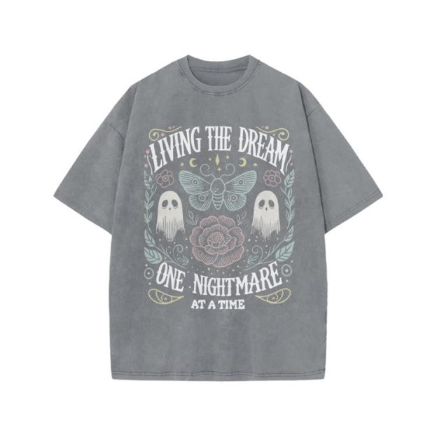 Living The Dream Gothic Ghost Print Acid Washed T-Shirt - Grey - US20-22(3XL) - image 4