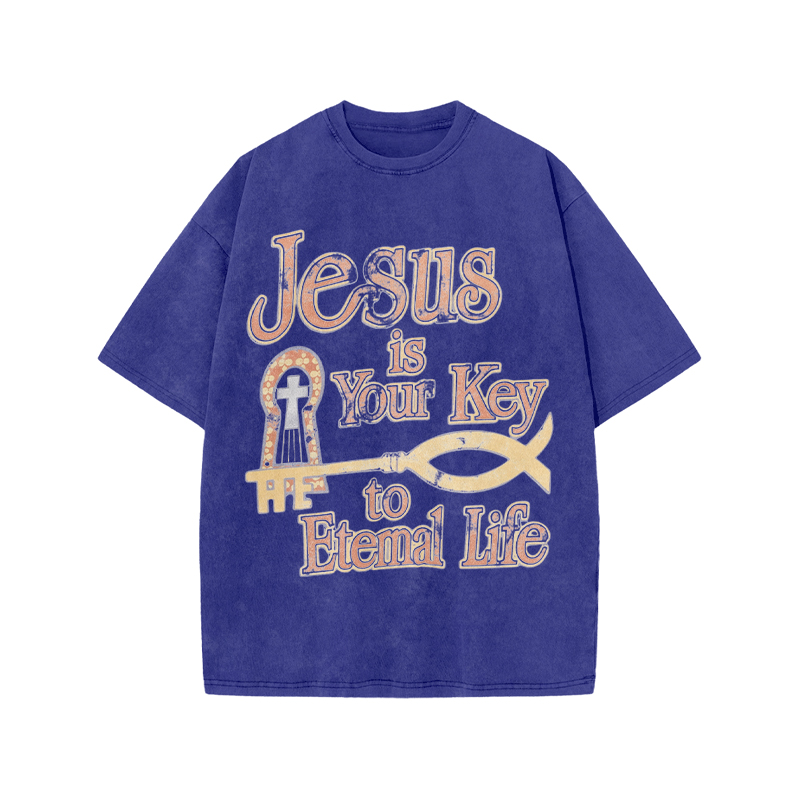 Jesus Is Your Key To Eternal Life Print Acid Washed T-shirt - Blue - US20-22(3XL) - image 5