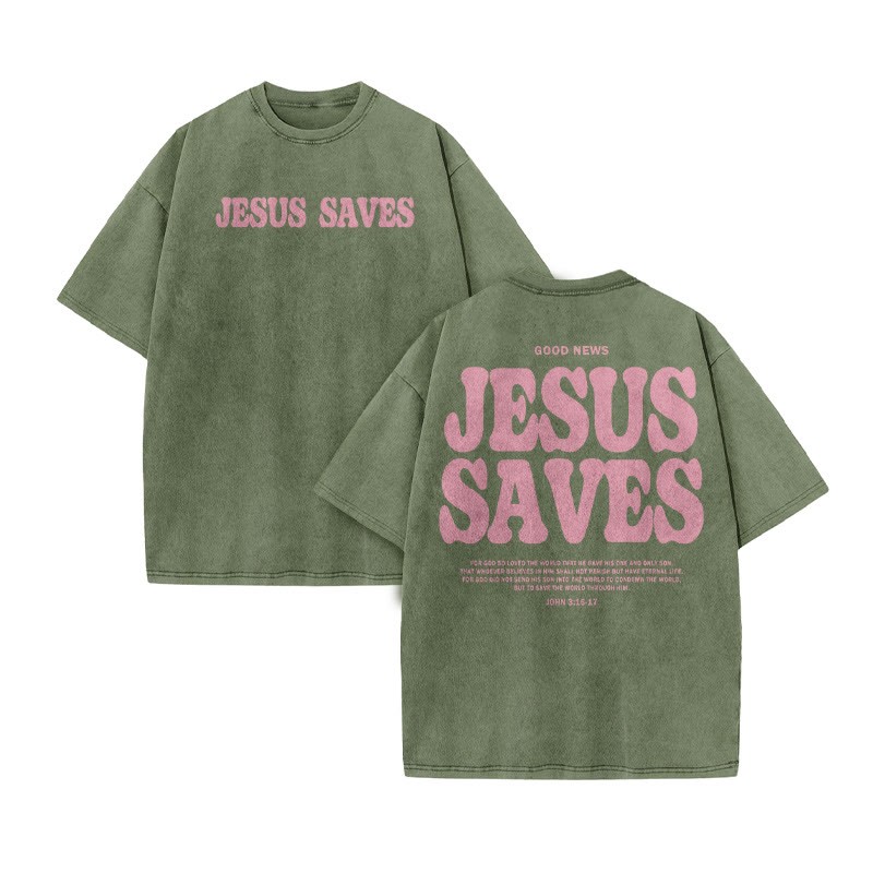 Unisex 100% Cotton Jesus Saves Print Acid Washed T-shirt