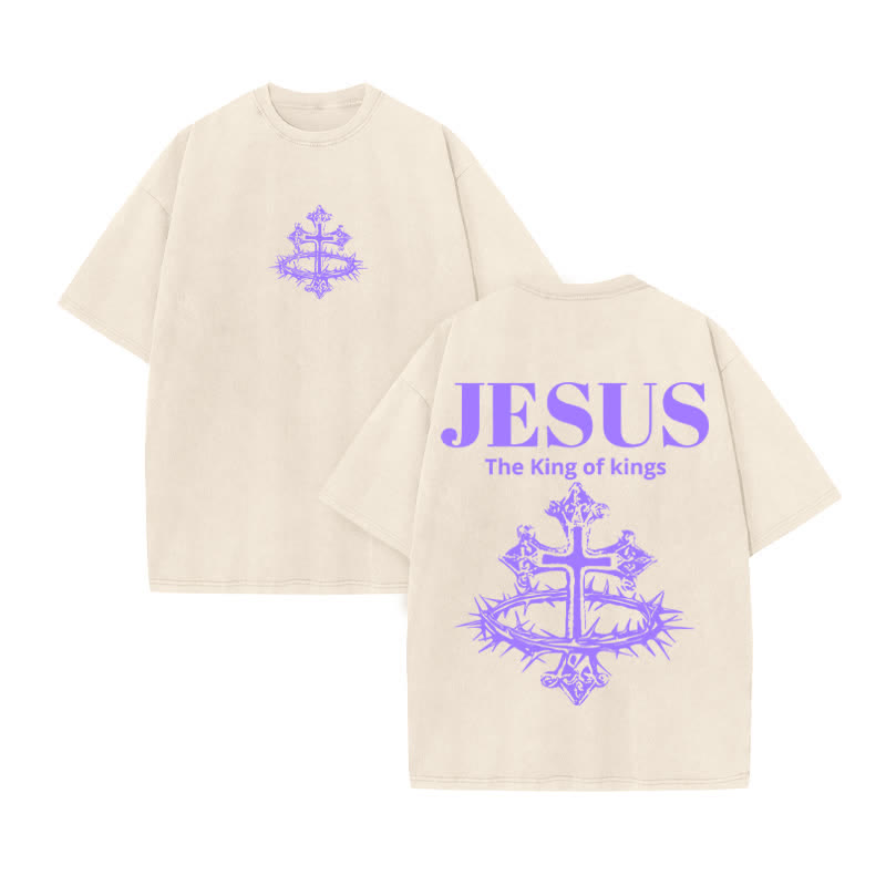Unisex 100% Cotton JESUS IS KING Crown Of Thorns Cross Print Acid Washed T-shirt - Beige - US20-22(3XL) - image 3
