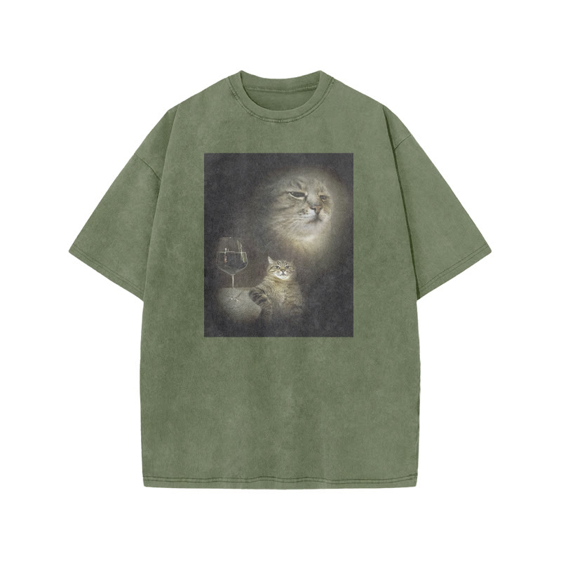 Unisex 100% Cotton Cat And Wine Print Acid Washed T-shirt - Army Green - US20-22(3XL) - image 5