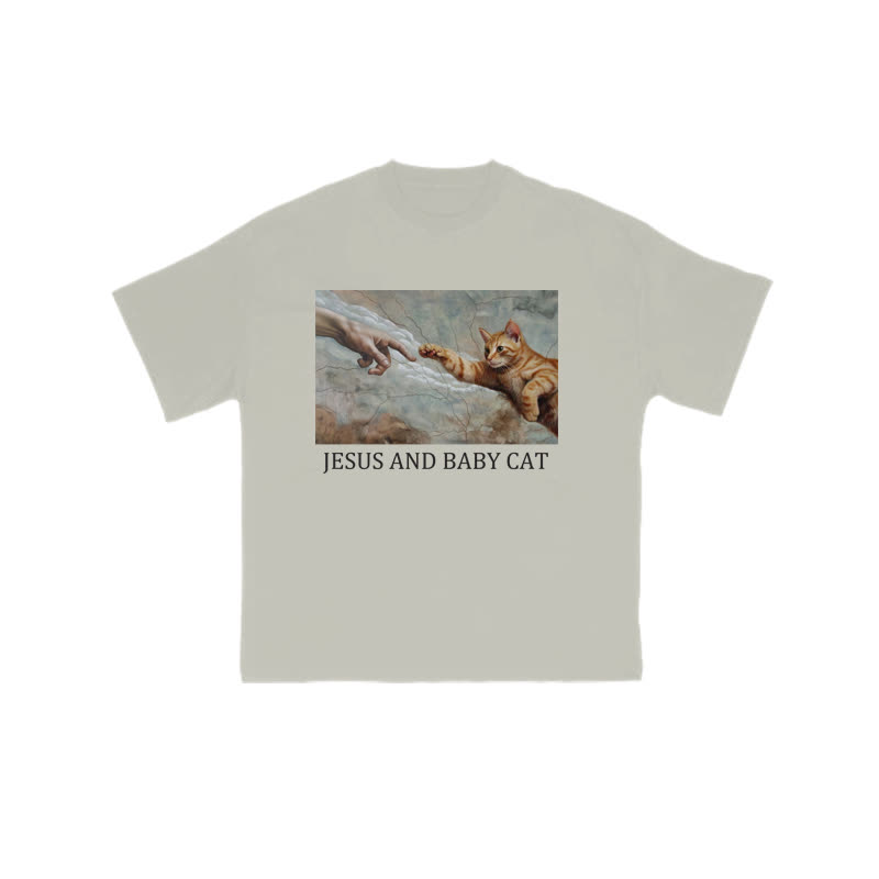 Unisex 100% Cotton Jesus And Baby Cat Print T-shirt - Warm Grey - US16-18(2XL) - image 4