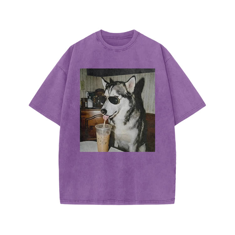 Vintage Husky Iced Coffee Print Acid Washed T-shirt - Purple - US20-22(3XL) - image 3
