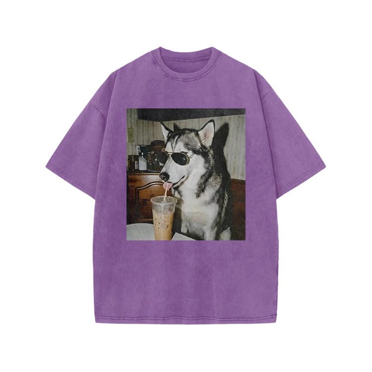 Vintage Husky Iced Coffee Print Acid Washed T-shirt - Purple - US20-22(3XL) - image 3