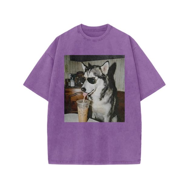 Vintage Husky Iced Coffee Print Acid Washed T-shirt - Purple - US20-22(3XL) - image 3