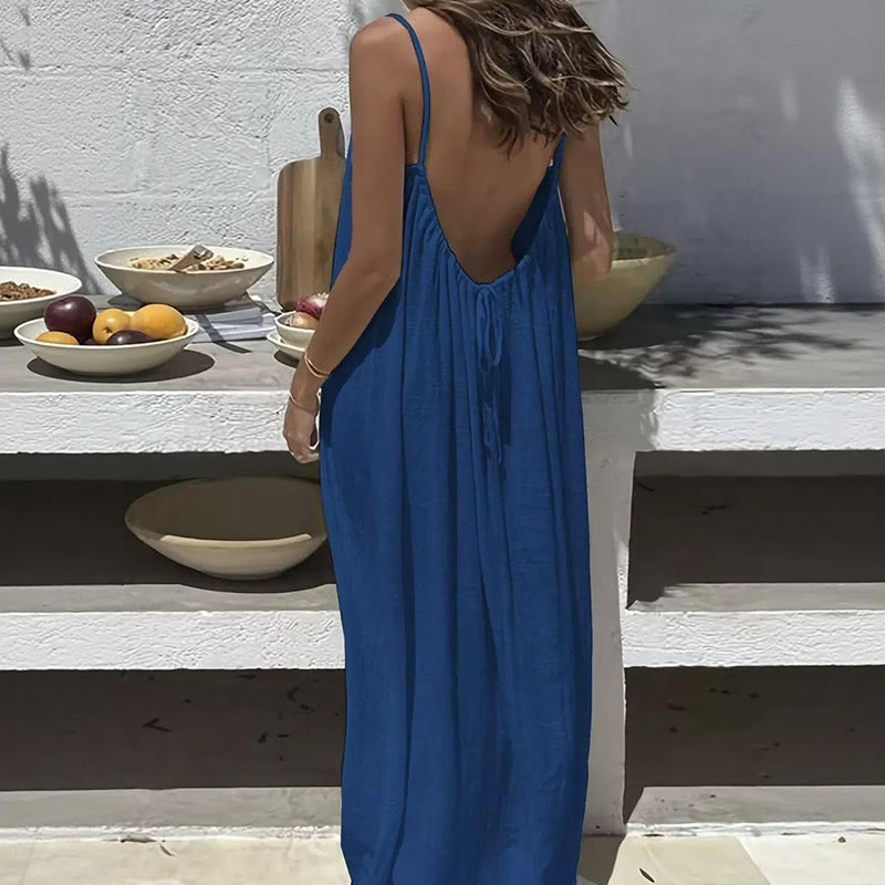 Loose Solid Color Adjustable Tie Strap Vacation Dress - Royal Blue - 5XL - image 4