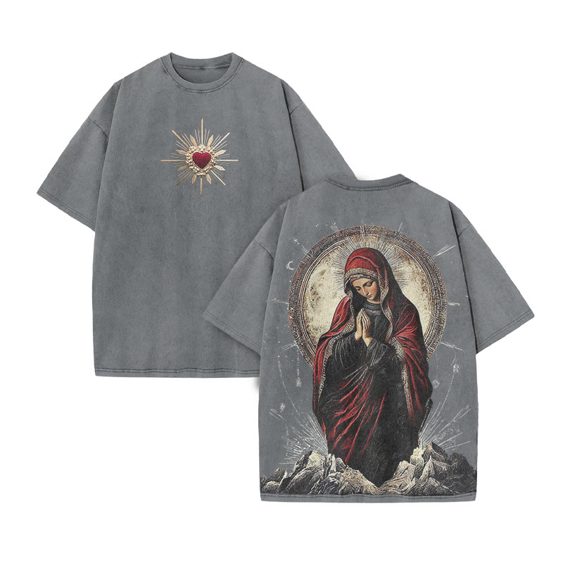 Virgin Mary Religious Streetwear Print Acid Washed T-shirt - Grey - US20-22(3XL) - image 4