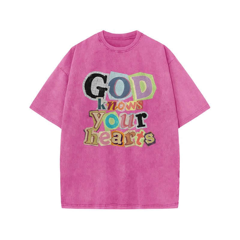Unisex God Knows Your Hearts Print Acid Washed T-shirt - Pink - US20-22(3XL) - image 7