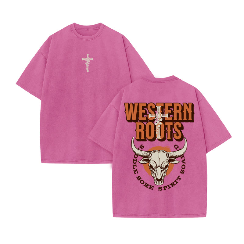 Unisex 100% Cotton WESTERN ROOTS Western Style Print Acid Washed T-shirt