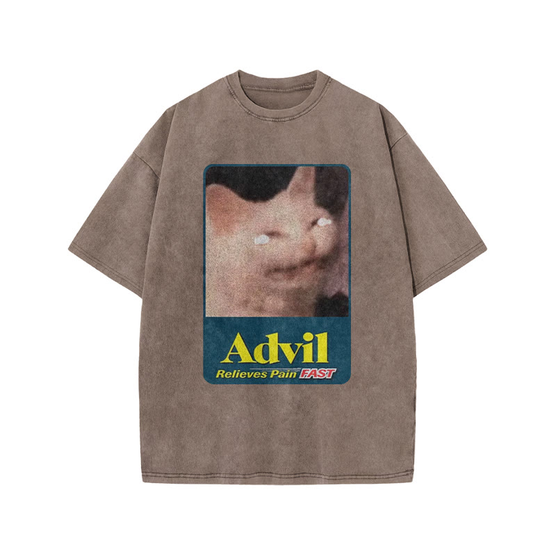 Relieves Pain Fast Crying Cat Funny Print Acid Washed T-shirt - Coffee - US20-22(3XL) - image 4