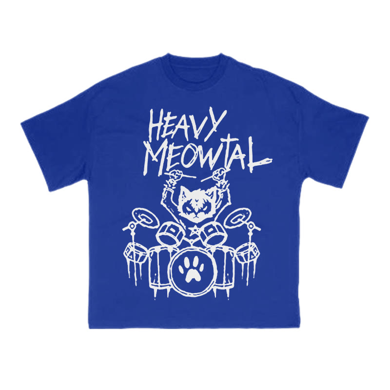 Unisex 100% Cotton Heavy Meowtal Print T-shirt - Blue - US16-18(2XL) - image 10