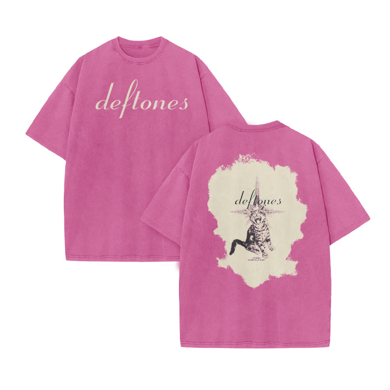 Unisex Deftones Meme Cat Print Acid Washed T-shirt - Pink - US20-22(3XL) - image 7