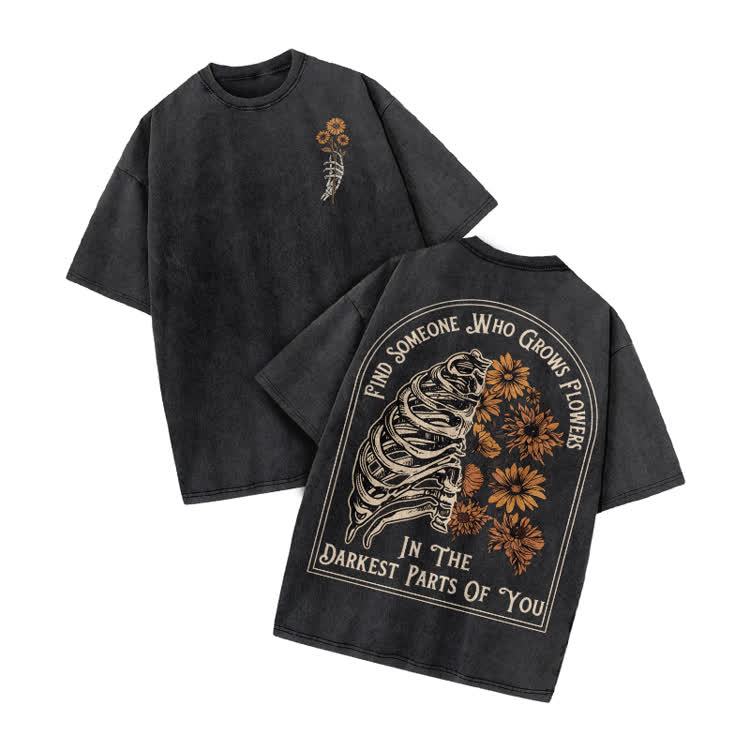 Vintage Floral Ribcage Print Acid Washed T-Shirt - Black - US20-22(3XL) - image 3