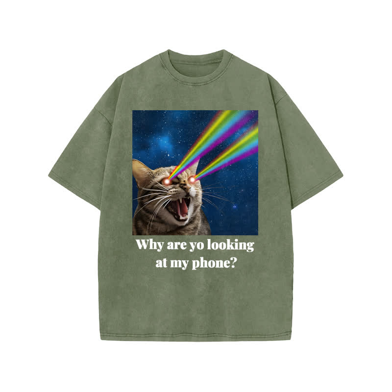 Unisex 100% Cotton Why Are Yo Looking At My Phone Print Acid Washed T-shirt - Army Green - US20-22(3XL) - image 5