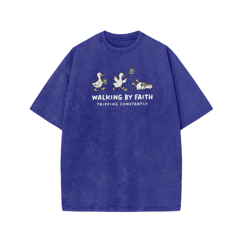 Unisex Walking By Faith Tripping Constantly Bible Print Acid Washed T-shirt - Blue - US20-22(3XL) - image 7