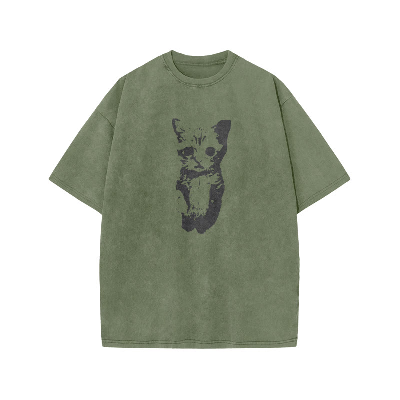 Unisex 100% Cotton Cute Cat Print Acid Washed T-shirt - Army Green - US20-22(3XL) - image 4