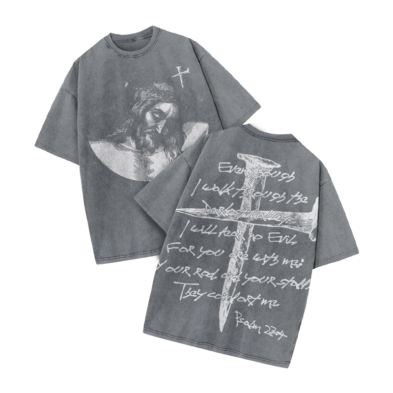 Psalm 23:4 Print Acid Washed T-shirt - Grey - US20-22(3XL) - image 3