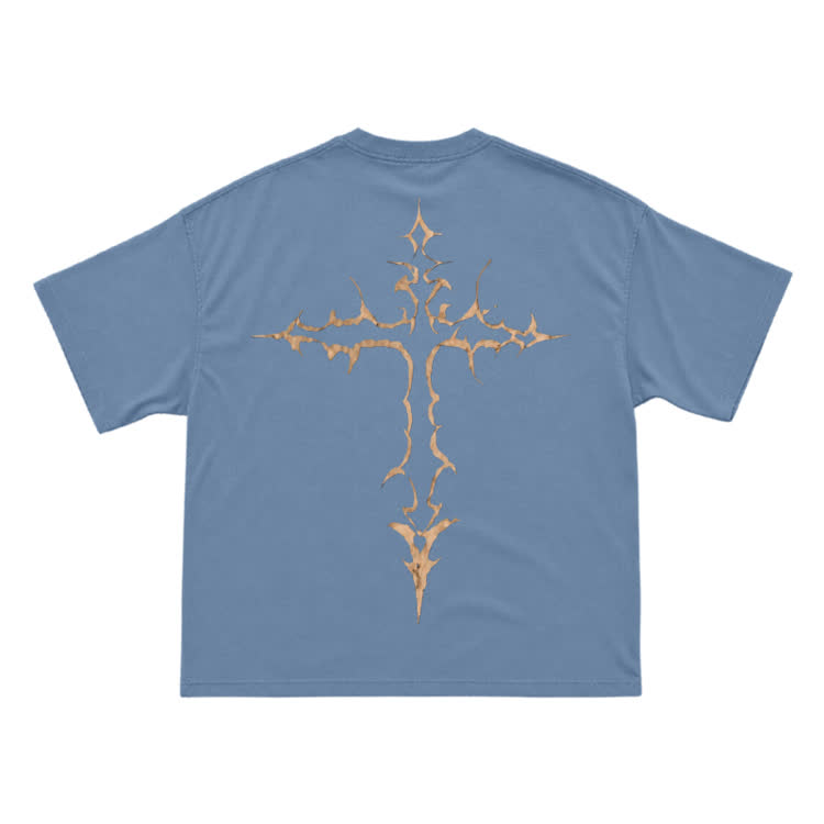 Gothic Thorn Cross Back Graphic T-Shirt - Dusty Blue - US16-18(2XL) - image 10