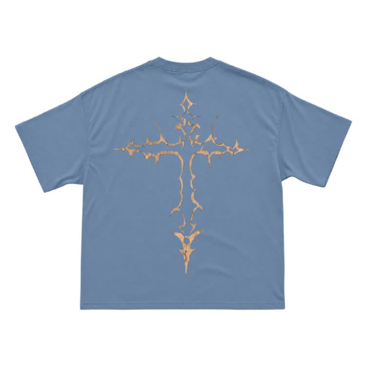 Gothic Thorn Cross Back Graphic T-Shirt - Dusty Blue - US16-18(2XL) - image 10