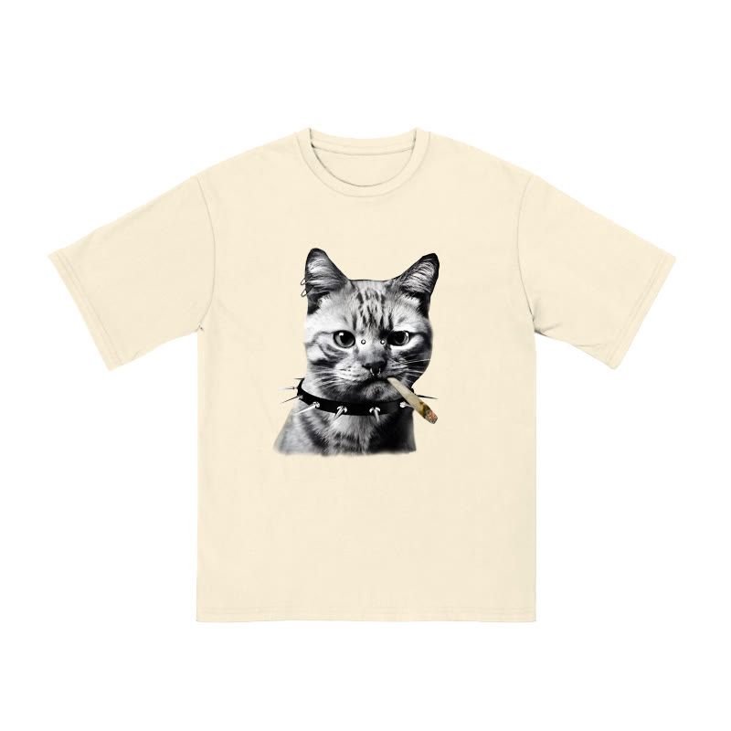 Unisex 100% Cotton Provocative Cat Print T-shirt - Apricot - US16-18(2XL) - image 3