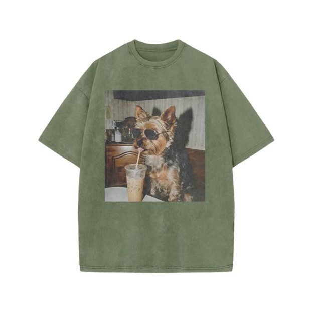 Vintage Dog Coffee Graphic Print Acid Washed T-shirt - Army Green - US20-22(3XL) - image 3