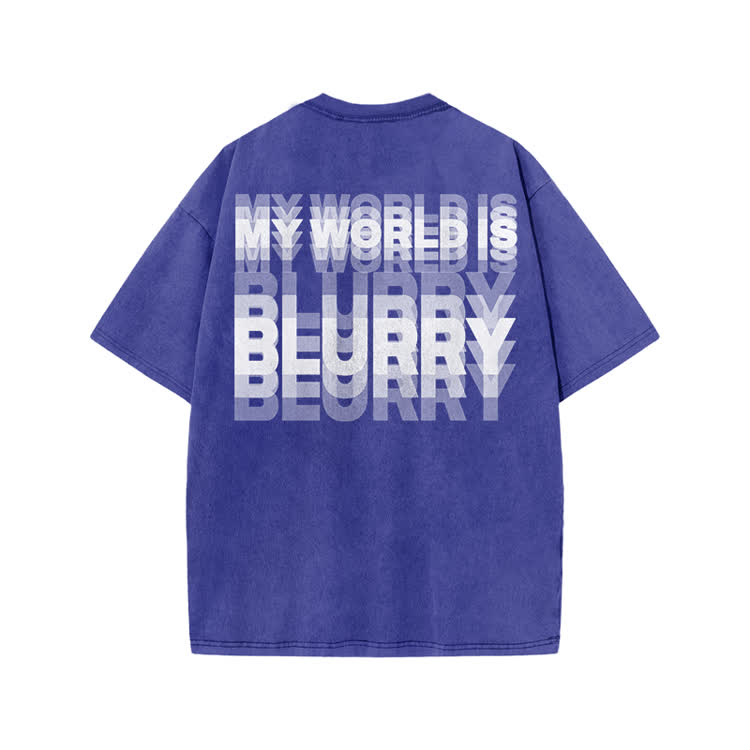 My World Is Blurry Print Acid Washed T-shirt - Blue - US20-22(3XL) - image 8