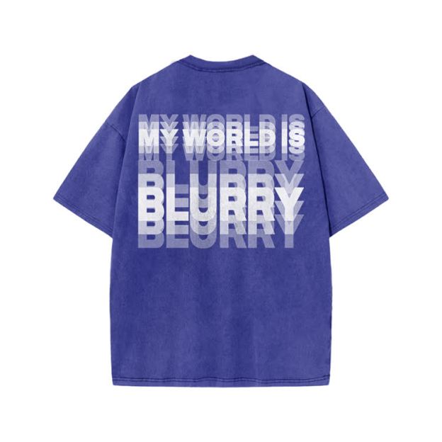 My World Is Blurry Print Acid Washed T-shirt - Blue - US20-22(3XL) - image 8