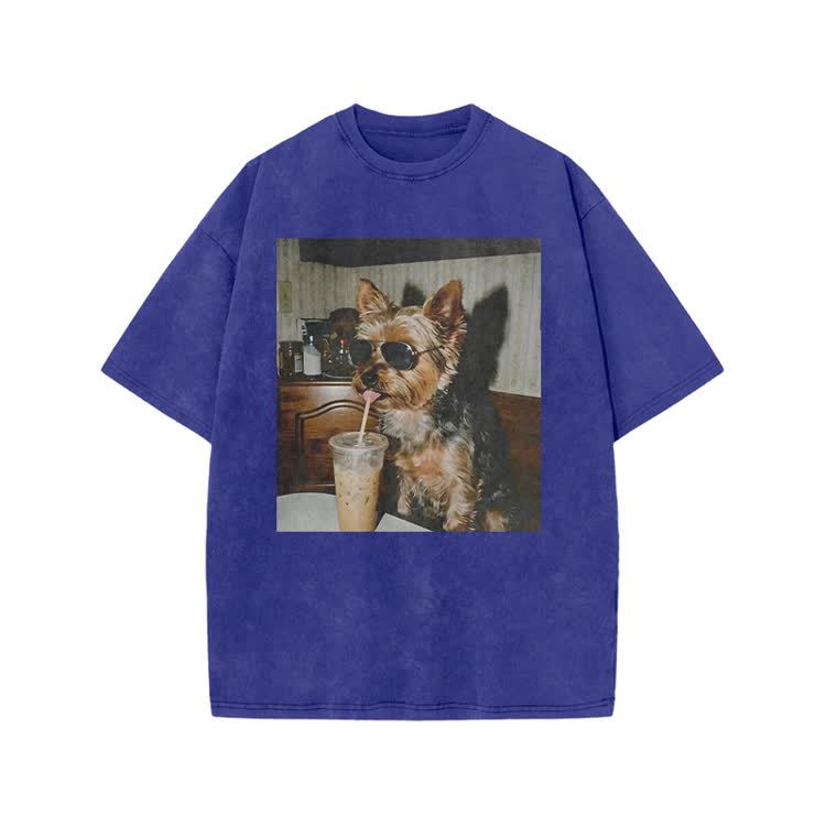Vintage Dog Coffee Graphic Print Acid Washed T-shirt - Blue - US20-22(3XL) - image 8