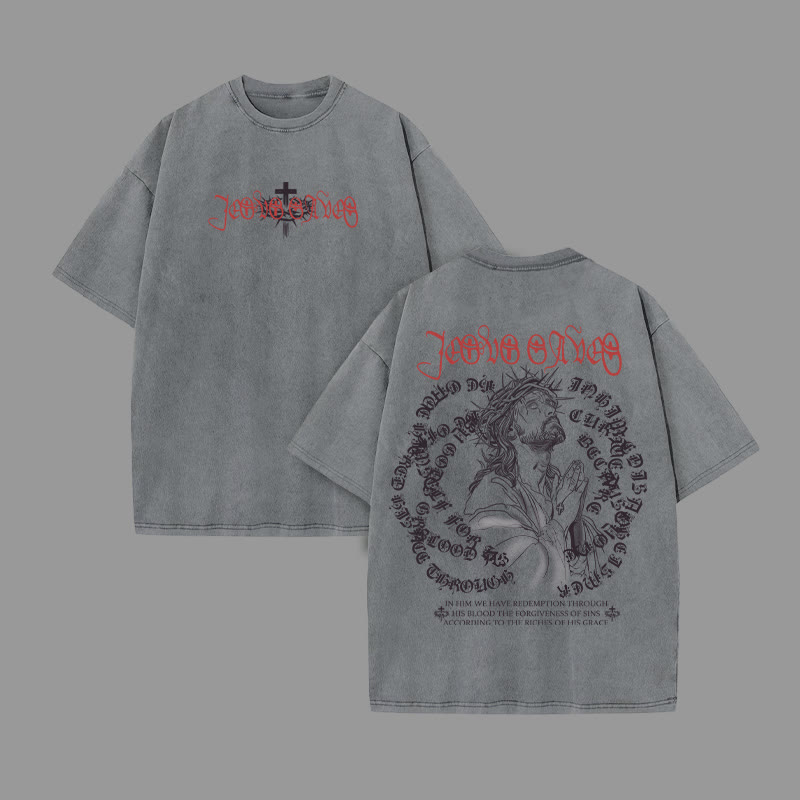 Unisex 100% Cotton Jesus Divine Redemption Print Acid Washed T-shirt