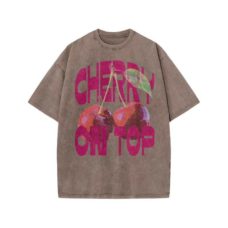 Cherry On Top Print Acid Washed T-shirt - Coffee - US20-22(3XL) - image 7