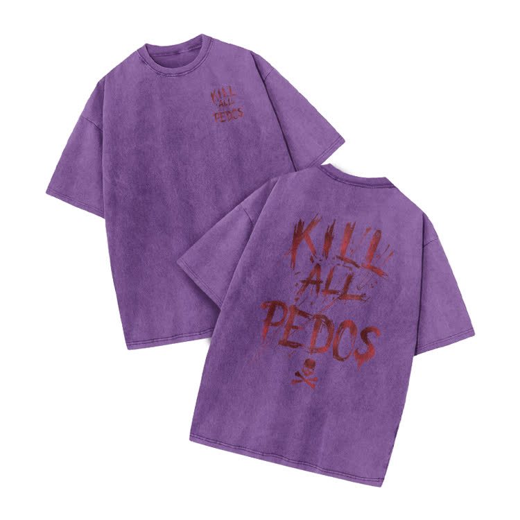  Kill All Pedos Print Acid Washed T-Shirt - Purple - US20-22(3XL) - image 7
