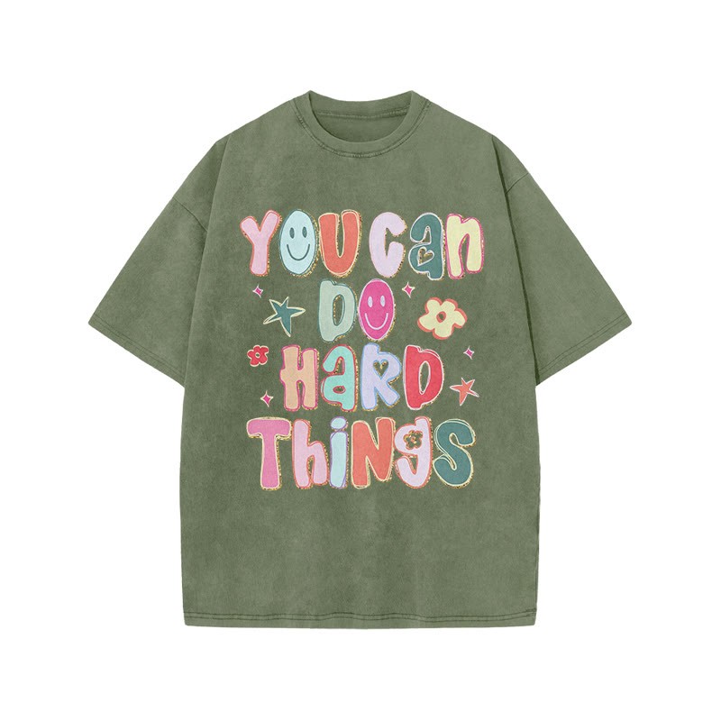 You Can Do Hard Things Print Acid Washed T-shirt - Army Green - US20-22(3XL) - image 5