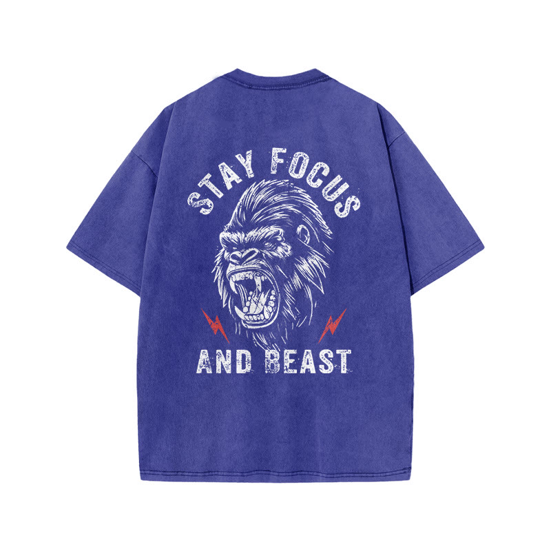 100% Cotton Stay Focus And Beast Gym Print Acid Washed T-shirt - Blue - US20-22(3XL) - image 6