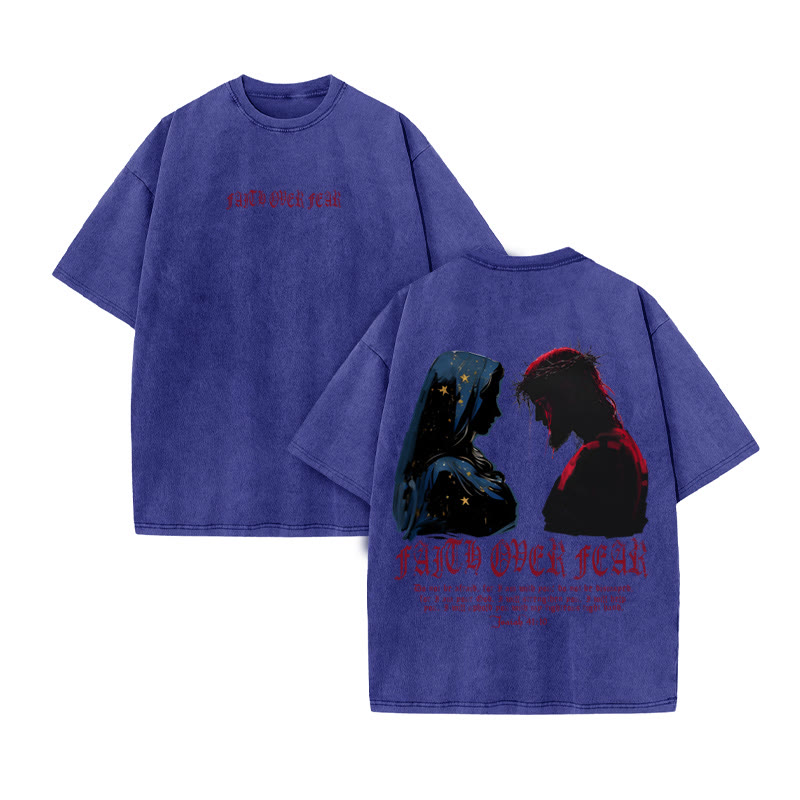Unisex 100% Cotton FAITH OVER FEAR Print Acid Washed T-shirt
