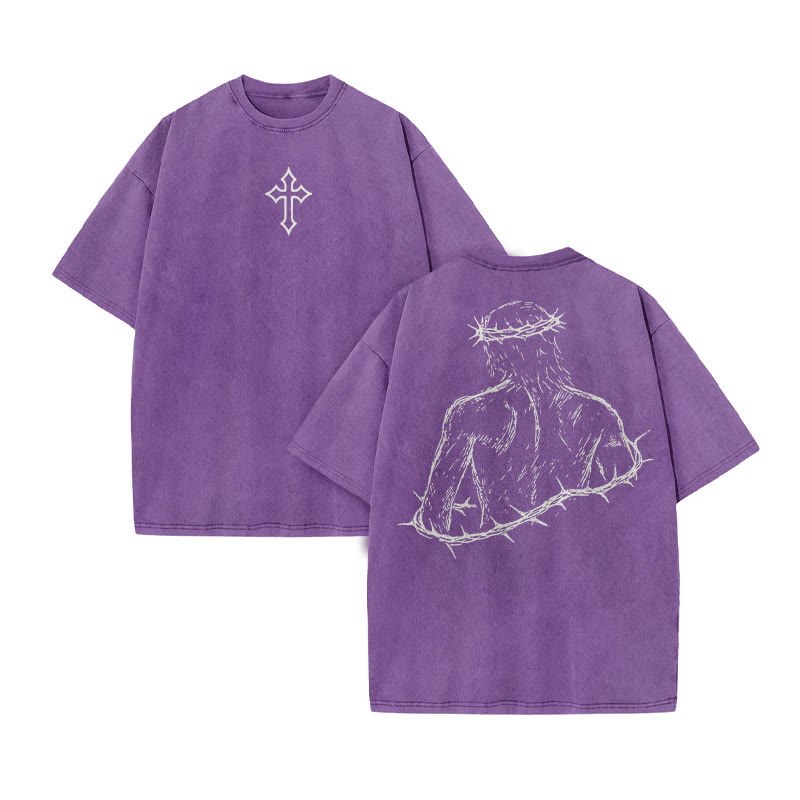 Unisex Not Forsaken Cross Print Acid Washed T-shirt - Purple - US20-22(3XL) - image 7