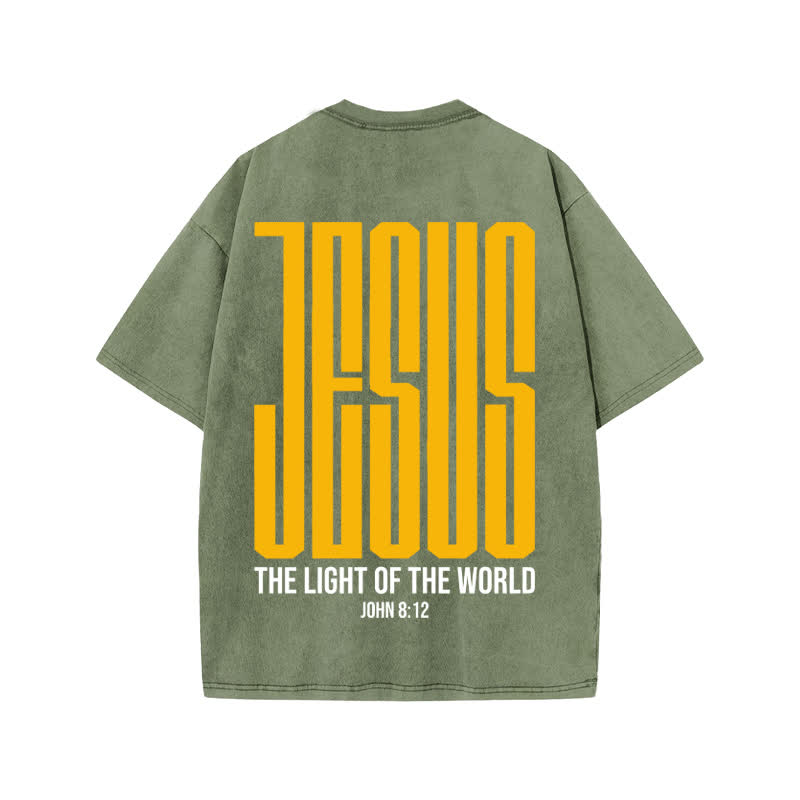 Unisex Jesus The Light Of The World Print Acid Washed T-shirt - Army Green - US20-22(3XL) - image 5