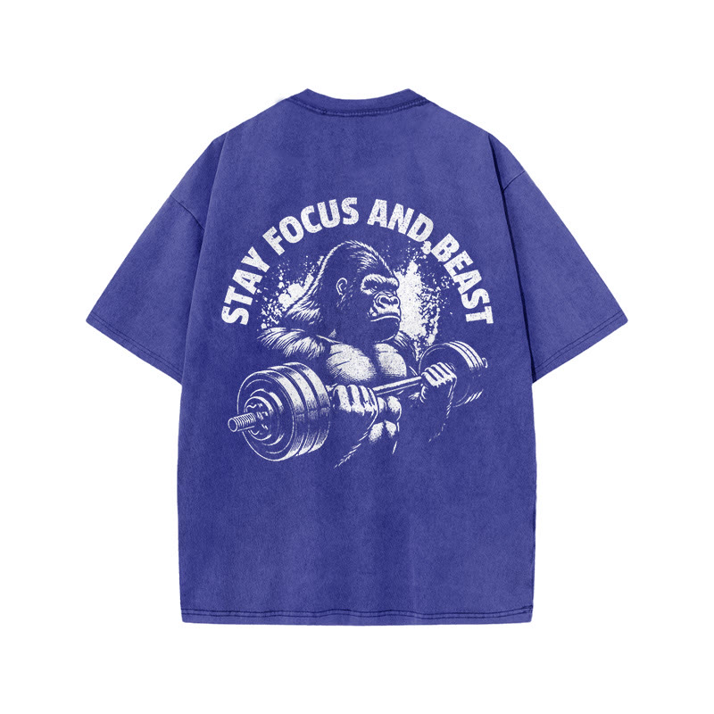 100% Cotton Stay Focus And Beast Gym Print Acid Washed T-shirt - Blue - US20-22(3XL) - image 8