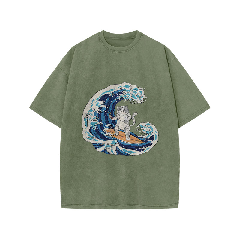 Unisex 100% Cotton Cat Surfing Japan Print Acid Washed T-shirt