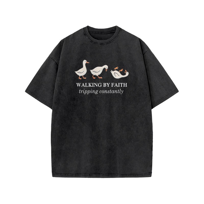 Unisex Walking By Faith Tripping Constantly Print Acid Washed T-shirt - Black - US20-22(3XL) - image 4
