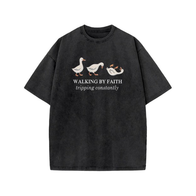 Unisex Walking By Faith Tripping Constantly Print Acid Washed T-shirt - Black - US20-22(3XL) - image 4