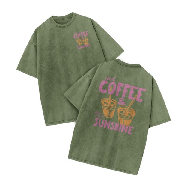 Vintage Coffee Sunshine Print Acid Washed T-Shirt - Army Green - US20-22(3XL) - image 7