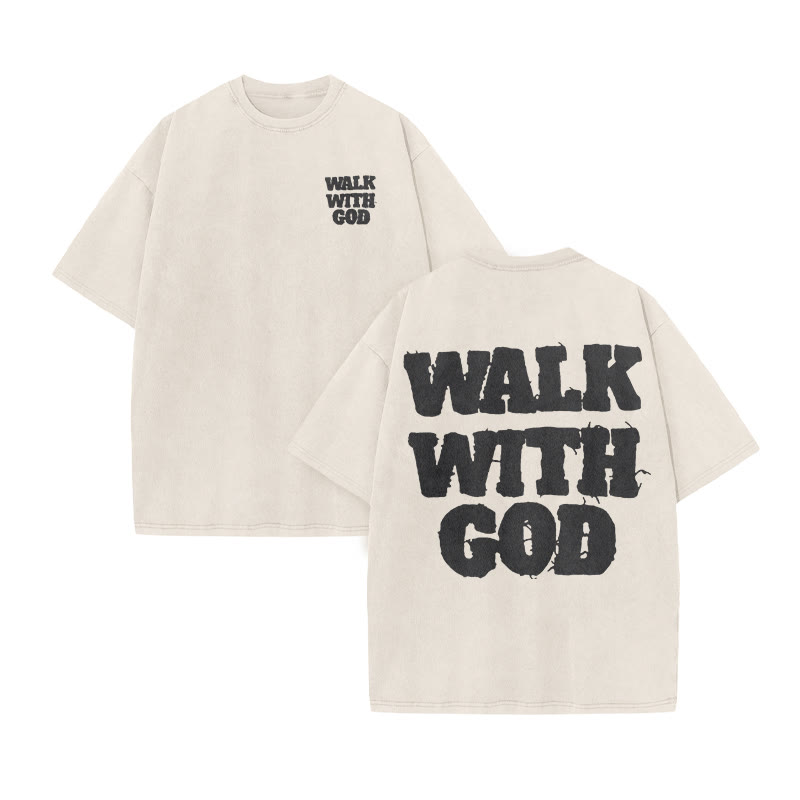 Unisex Walk With God Print Acid Washed T-shirt - Beige - US20-22(3XL) - image 3