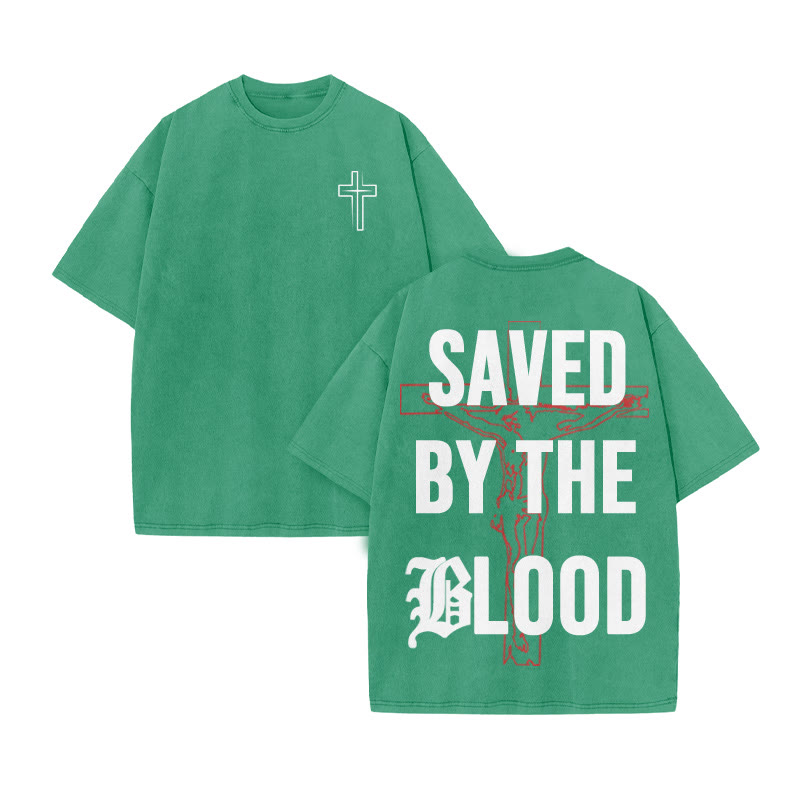 Unisex 100% Cotton Saved By The Blood Cross Print Acid Washed T-shirt