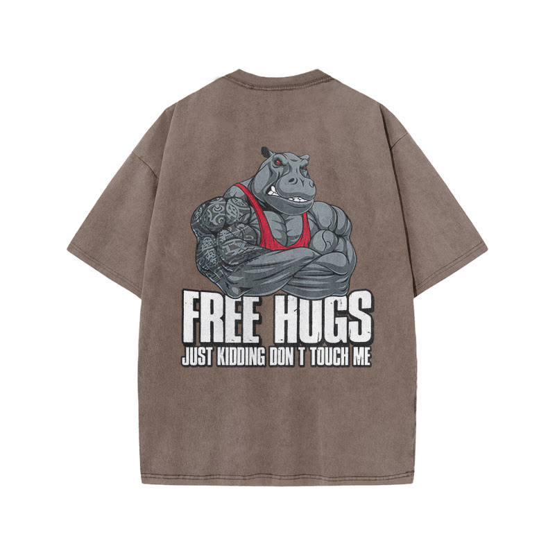 100% Cotton FREE HUGS Gym Print Acid Washed T-shirt - Coffee - US20-22(3XL) - image 6
