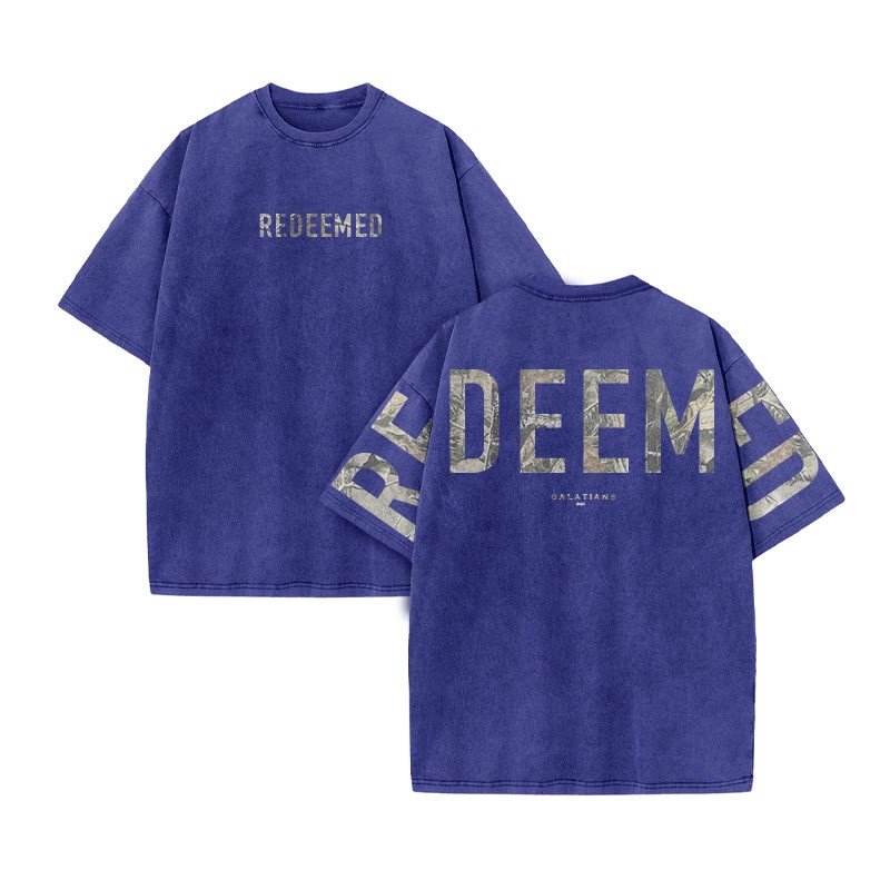 Redeemed Galatians 2:20 Dead Leaves Camouflage Print Acid Washed T-shirt - Blue - US20-22(3XL) - image 9